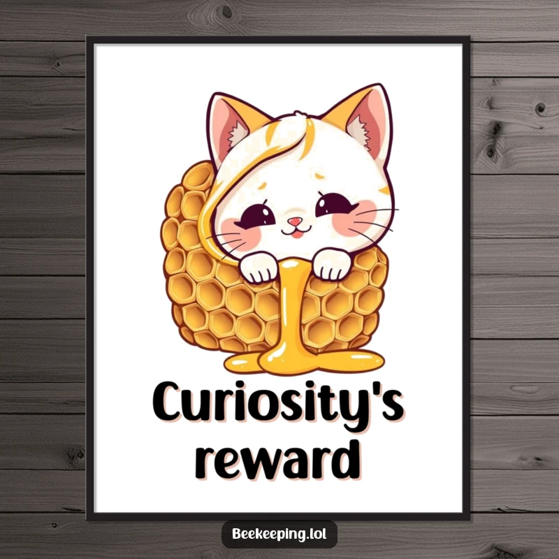 Funny cat honeycomb poster, giggling cat curious about dripping honey, sweet wall art, charming feline humor.