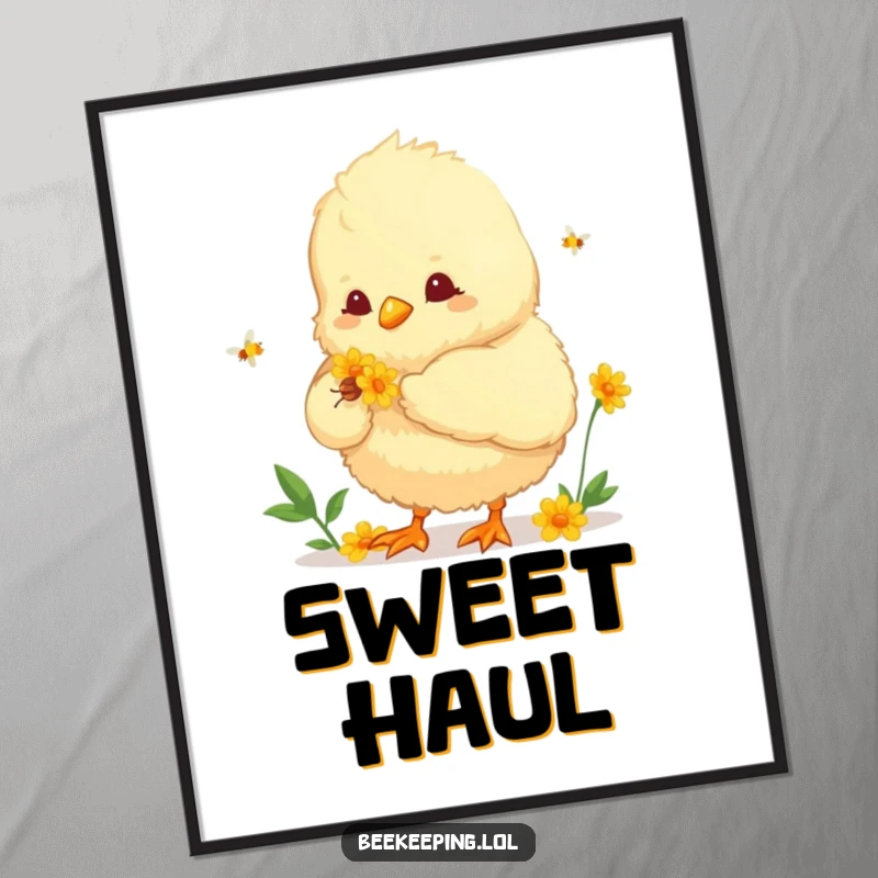Funny poster illustration of a fluffy chick diligently collecting nectar from a flower. Charming and humorous nature wall art.