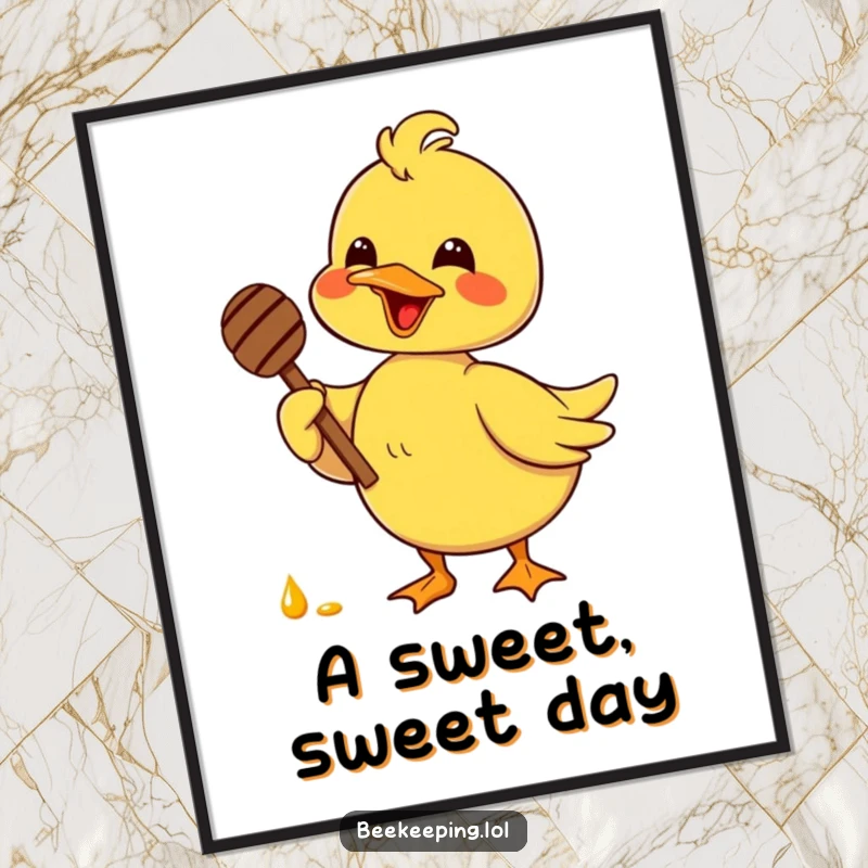 Funny delighted duck holding a honey dipper with glee, depicted as charming wall art, bringing sweet humor to any room.
