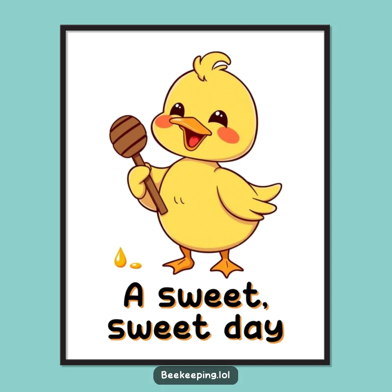 Funny Duck Honey Lover Poster - Delighted Bird Dipping Sweetness Art, Quirky Home Decor