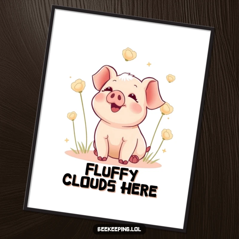 Funny poster art of a delighted piglet watching fluffy seed heads float, creating a whimsical and heartwarming scene for wall decor.