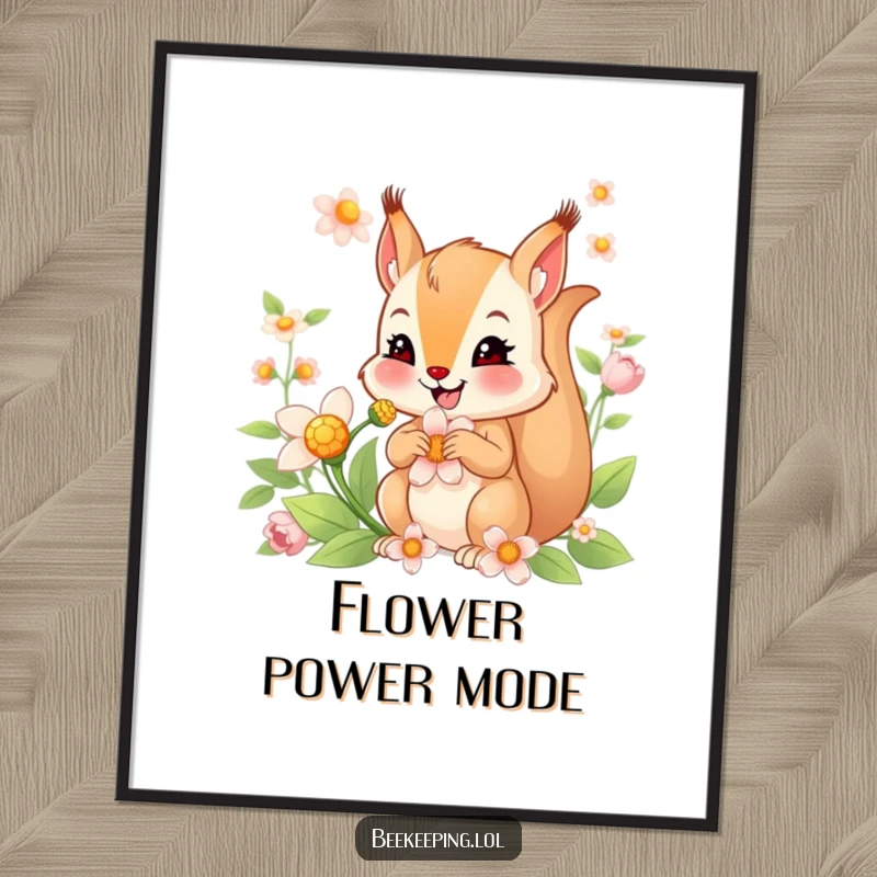 Funny poster art of a smiling squirrel intently collecting nectar from a flower, bringing natural beauty and humor to walls.