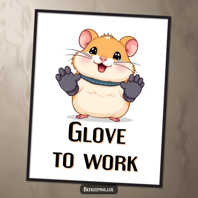 Funny poster showing a smiling hamster wearing miniature work gloves, looking dedicated to its tasks. Humorous office wall art.