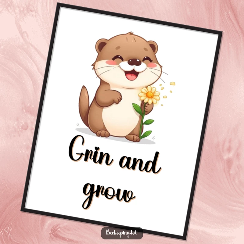Funny playful otter sprinkling a flower, creating a cheerful and humorous artwork for a wall poster.