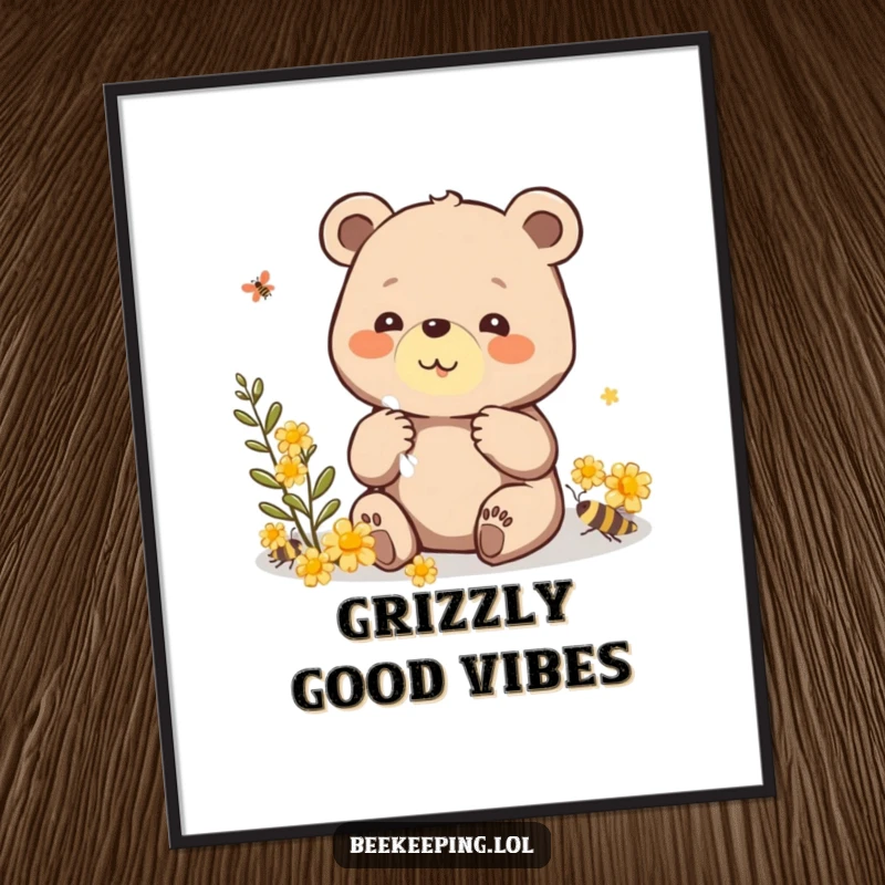 Funny poster art of a beaming bear gently collecting propolis, conveying a sweet and humorous scene for wall decor.