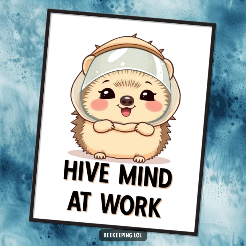 Funny hedgehog wearing a miniature beekeeper veil, giggling with joy, depicted as whimsical wall art for cheerful homes.