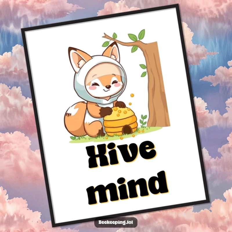 Funny fox beekeeper poster, smiling fox in protective gear, tending to a beehive, gentle and artistic, unique wall decor.