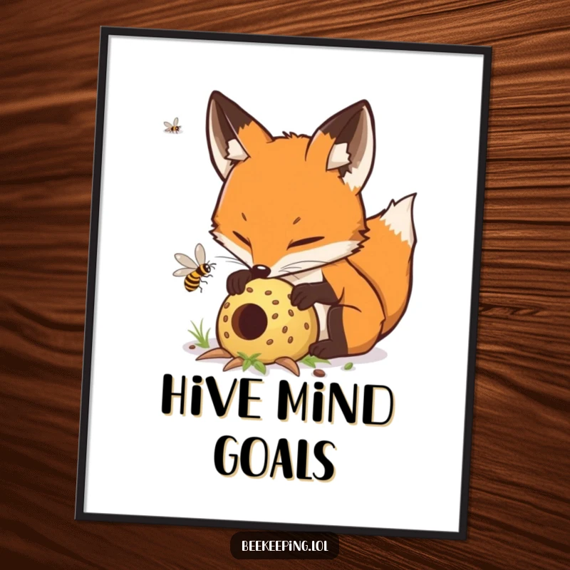 Funny determined fox carefully tending to a buzzing hive, a charming and humorous art print.