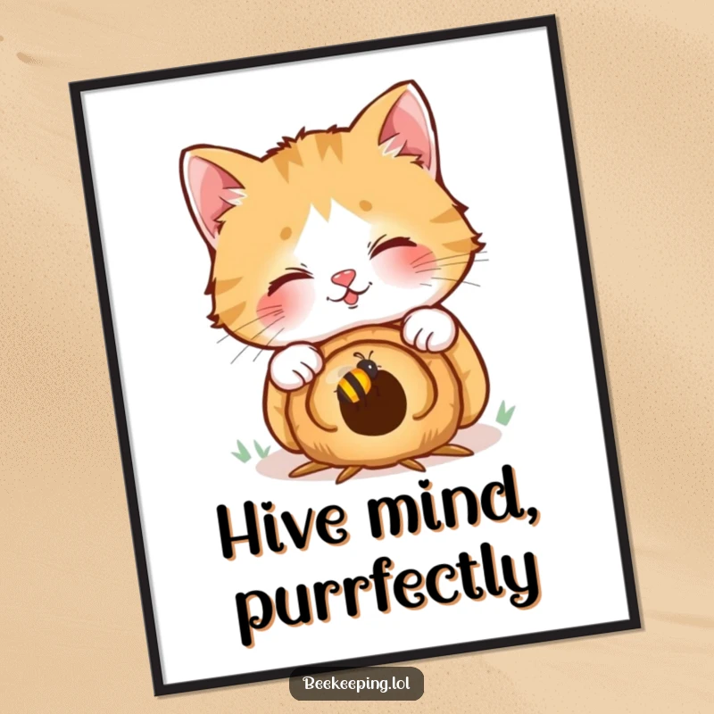 Funny poster featuring a giggling cat peering into a tiny beehive, creating a whimsical and humorous scene for wall decoration.