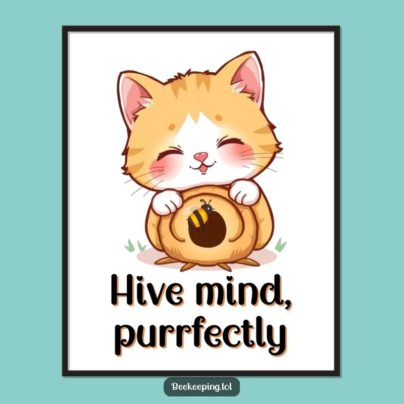 Funny Cat Beehive Poster: Giggling Feline Art, Quirky Wall Decor Gift