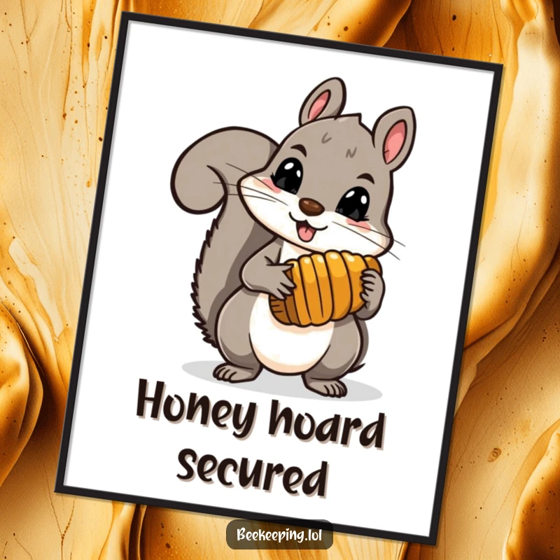 Funny brave squirrel holding a comb full of honey, depicted as charming wall art, bringing wild and sweet humor to any room.