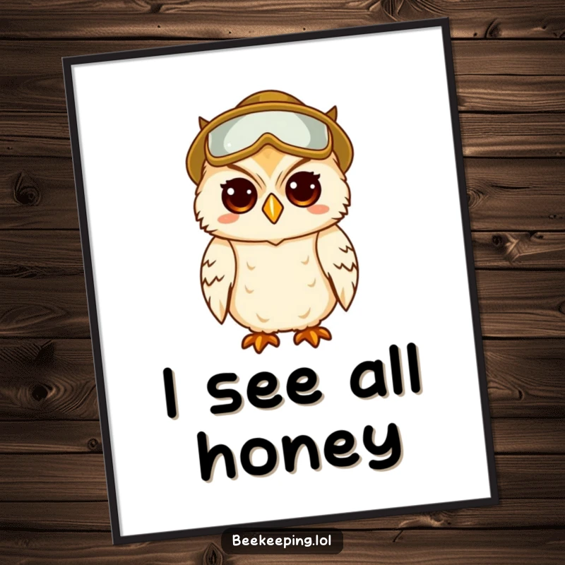 Funny poster of a wise owl in full beekeeper gear, with an amused and knowing expression.