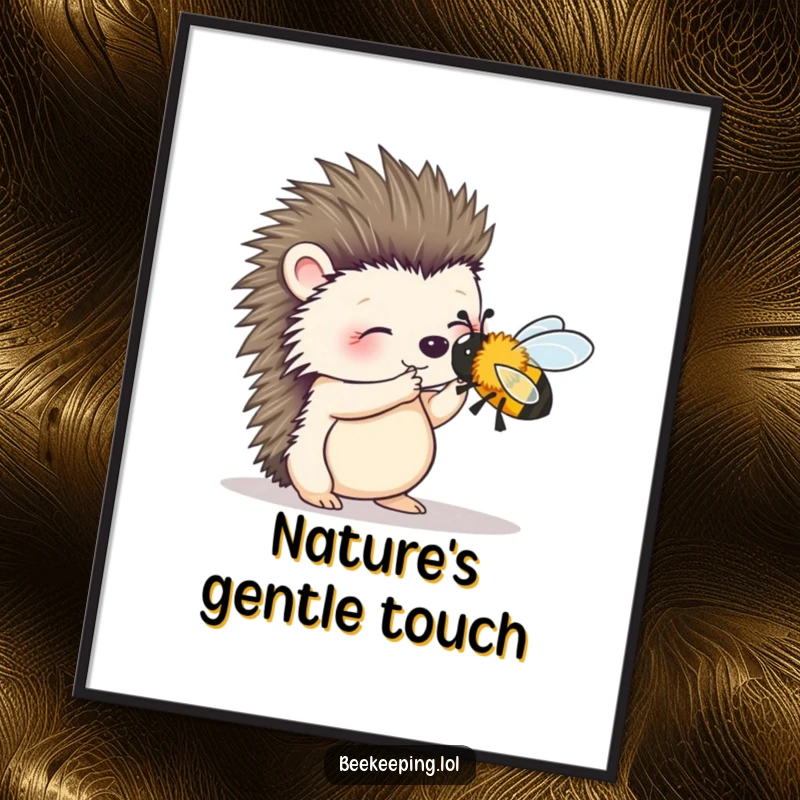 Funny poster of a wobbly hedgehog carefully attempting to brush a bee, capturing a moment of gentle, humorous wildlife.