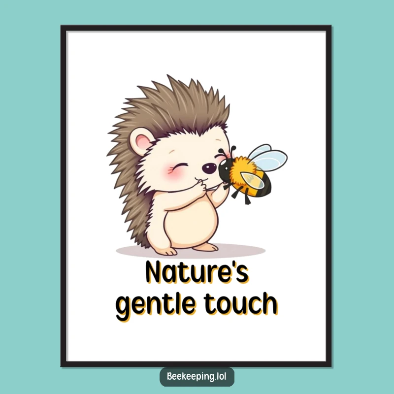 Funny Hedgehog Bee Brush Art Poster: Gentle Critter's Sweet Mission - Wall Decor Gift!