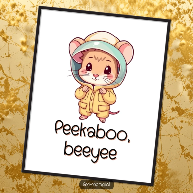 Funny shy mouse peeking out from a beekeeping suit, a humorous and charming poster for wall art.