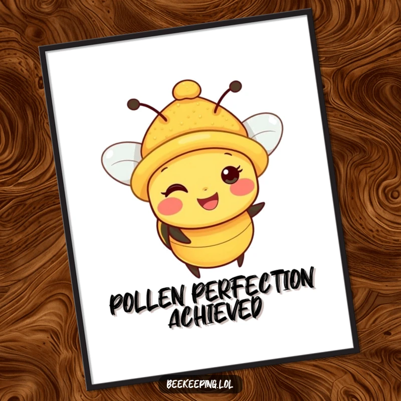 Funny Bee Poster: A detailed illustration of a happy bee wearing a tiny hat overflowing with yellow pollen, adding humor to walls.