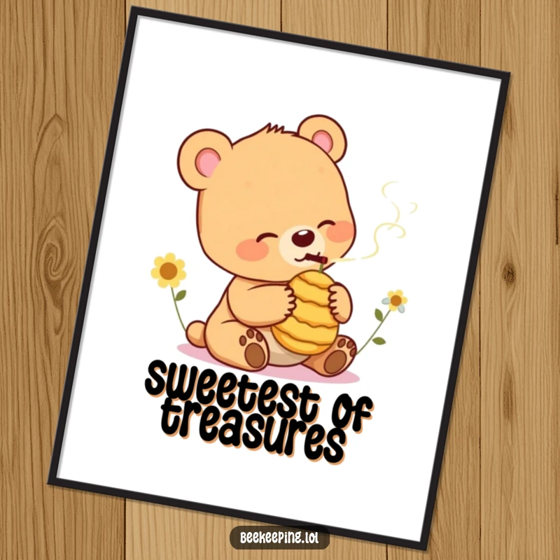 Funny Bear Cub Poster: Amusing artwork of a cheerful bear cub gently smoking a small beehive, perfect for quirky decor.