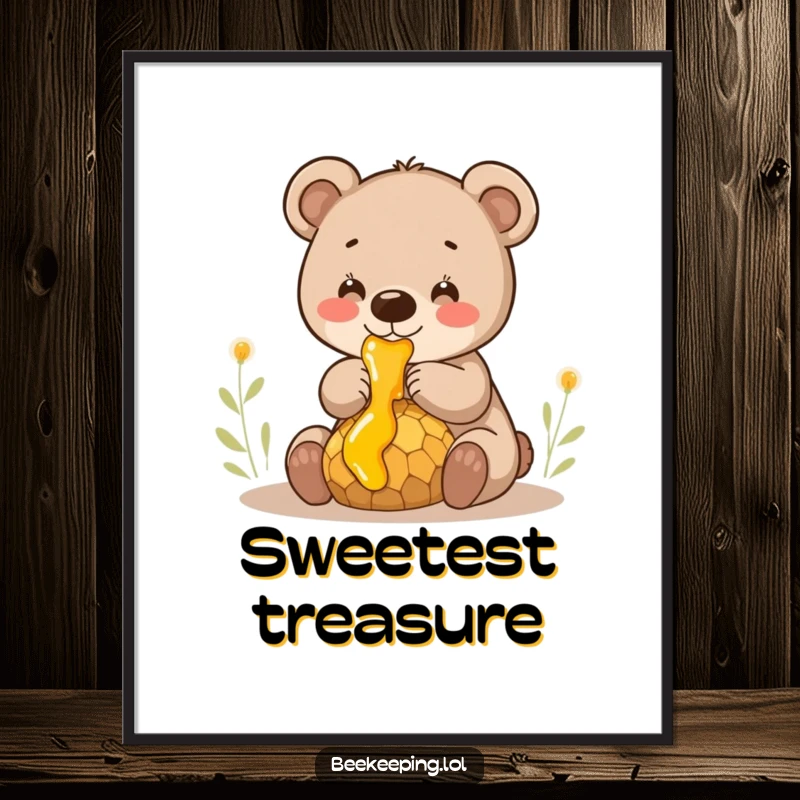 Funny smiling bear cub gently collecting honey from a dripping comb, a charming and humorous art print.