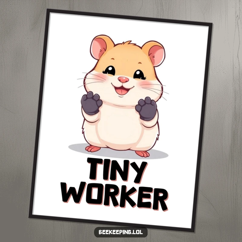 Funny hamster poster depicting a smiling hamster wearing tiny work gloves, ready for work.