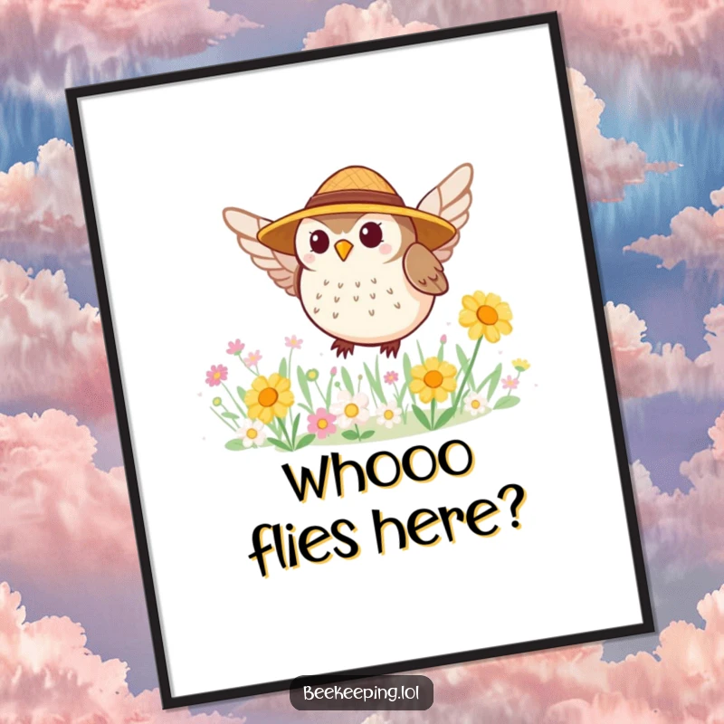 Funny poster featuring a tiny, round owl wearing a straw hat, buzzing around a vibrant flower patch, exuding charm.
