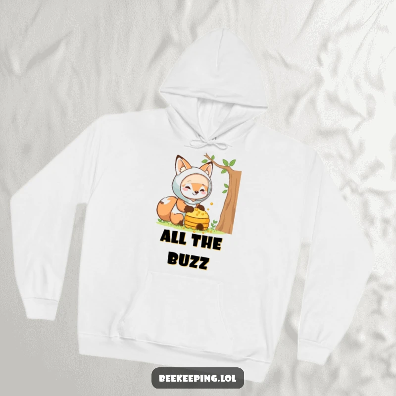 Funny fox beekeeper hoodie, smiling fox in protective gear, tending a beehive, cozy and heartwarming design, perfect gift.
