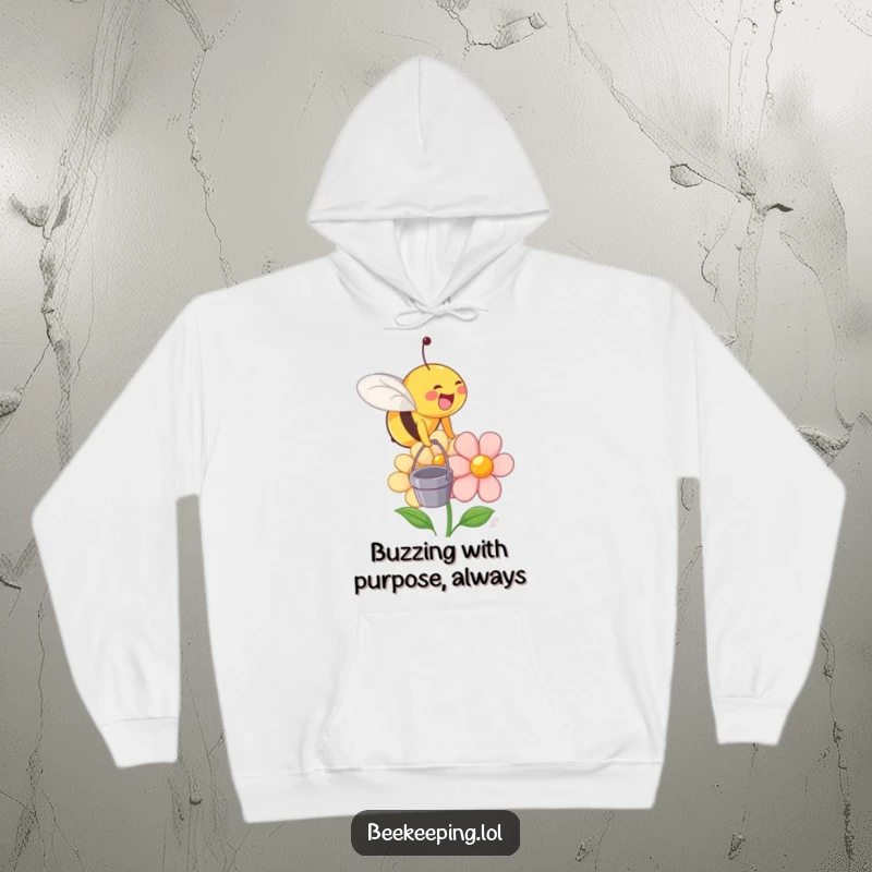 Funny hoodie depicting a cheerful bee with a miniature bucket alighting on a smiling flower.