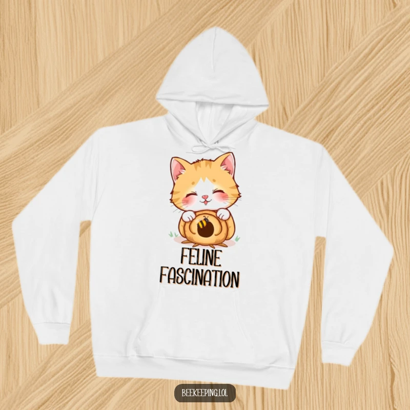 Funny hoodie print of a happy, giggling cat peering into a small beehive, capturing a moment of innocent, humorous exploration.