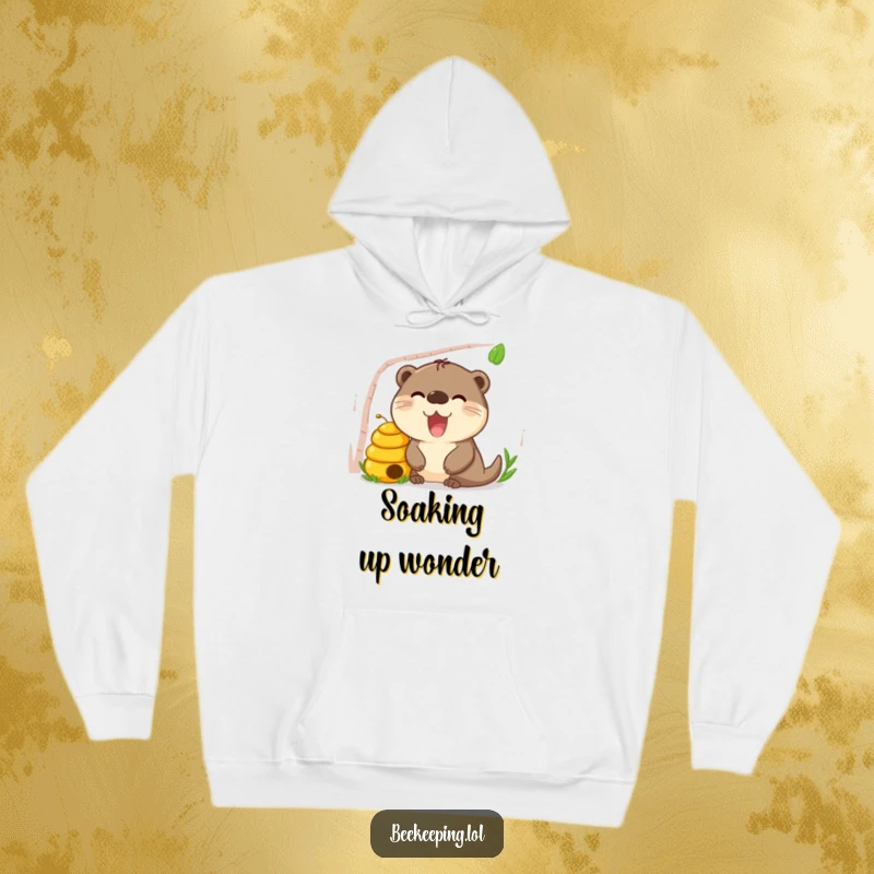 Funny Otter Beehive Hoodie, cozy and warm, curious otter peeking into a beehive, humorous animal themed clothing.