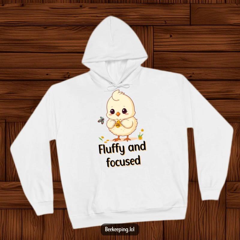 Funny chick hoodie with a fluffy chick helping collect nectar, perfect for cozy cuteness.