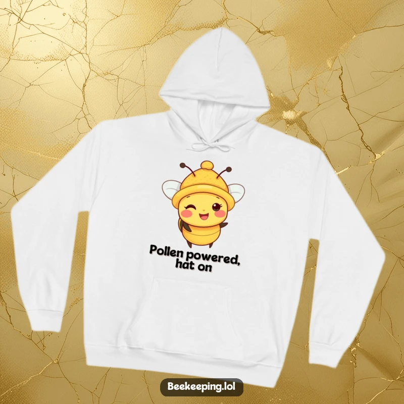 Funny Bee Hoodie: A cheerful bee sports a small hat laden with pollen, exuding happiness and warmth in this cozy design.