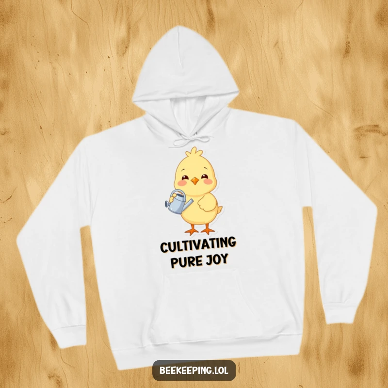 Funny chick holding a miniature watering can, depicted on a cozy hoodie, bringing a smile with its cheerful gardening spirit.