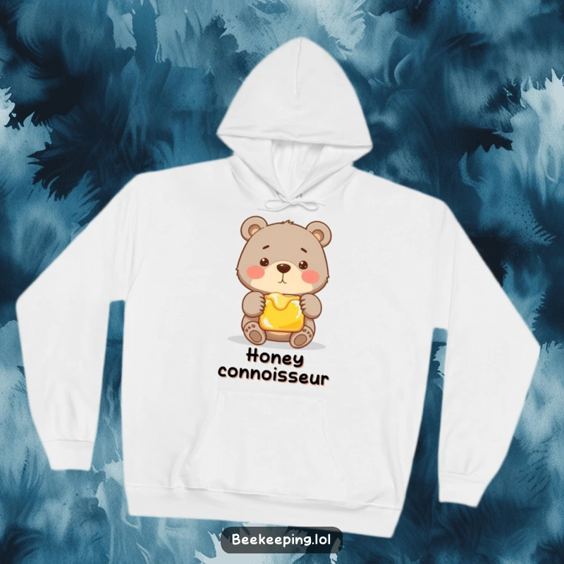 Funny hoodie showing a proud bear gently holding a frame of honey. Comfortable and humorous apparel for bear and nature fans.