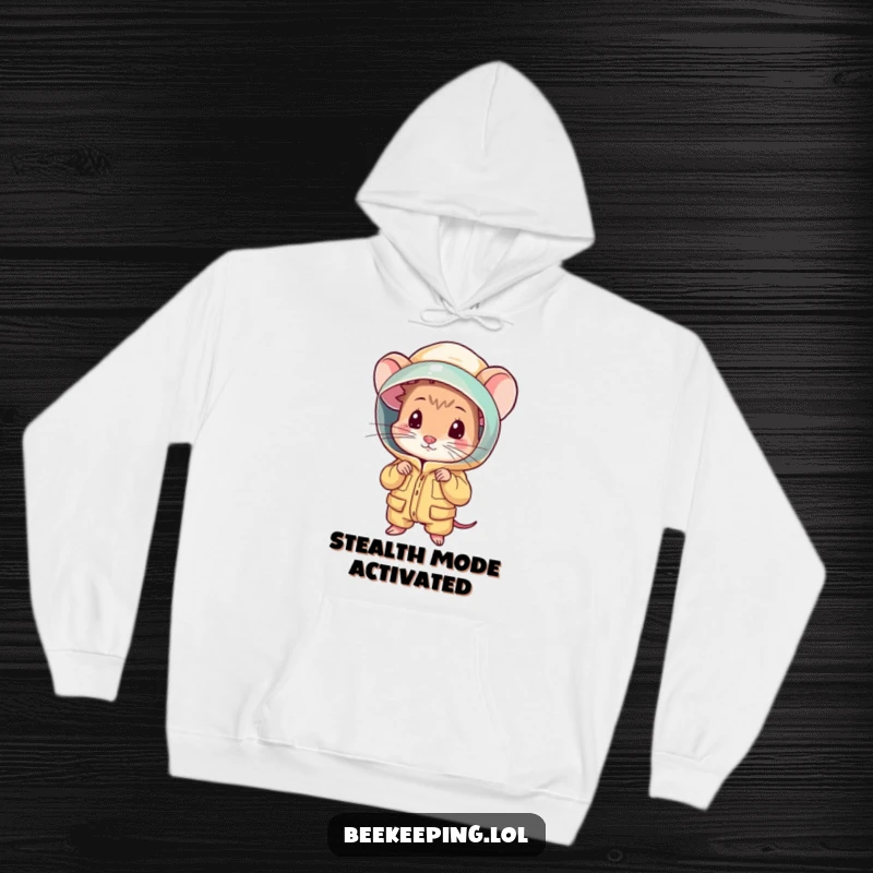 Funny shy mouse peeking from a beekeeping suit, a cozy and cute hoodie design for humorous gifting.
