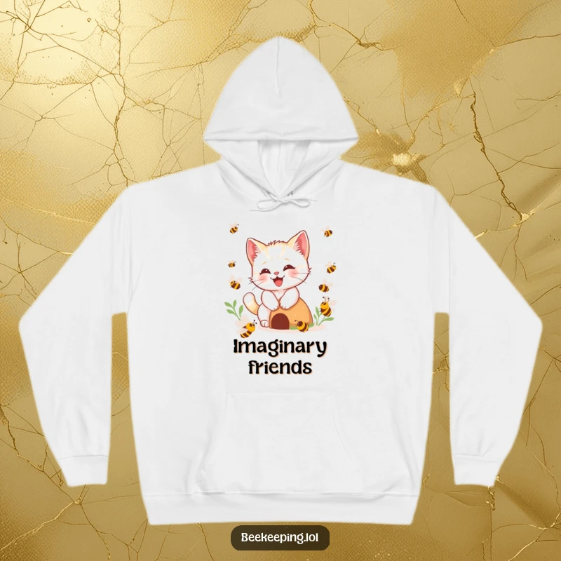 Funny kitten bee hoodie, happy kitten buzzing playfully near a hive, cozy and cute, perfect funny gift.