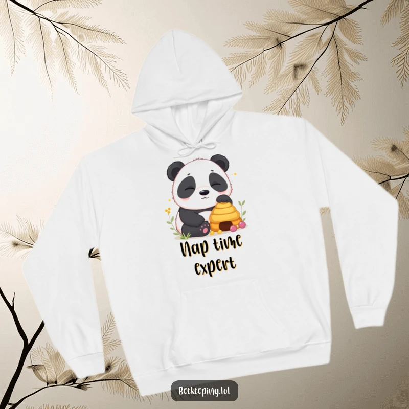 Funny Panda Hoodie featuring a sleepy panda cub near a peaceful beehive, a cozy and comical depiction of ultimate relaxation.