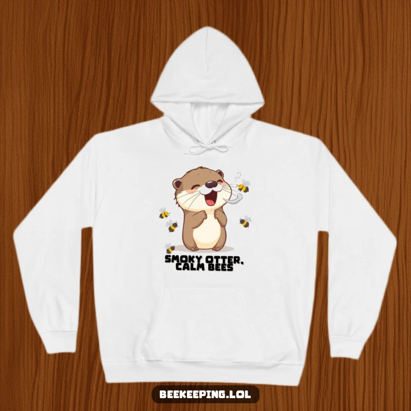 Funny hoodie print of a joyful otter using a smoke puff to peacefully calm down a group of buzzing bees, a humorous wildlife scene.