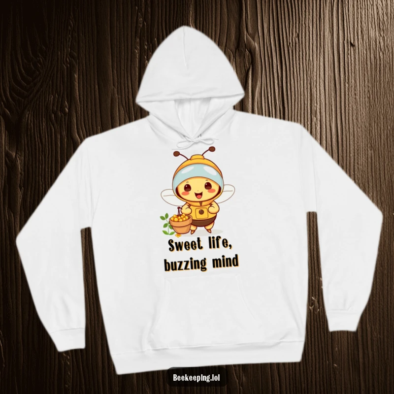 Funny Bee Hoodie: Charming beekeeper bee happily gathering nectar, offering warmth and a delightful, funny visual.