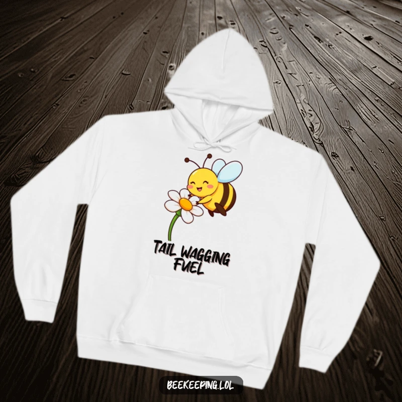 Funny bee hoodie depicting a cheerful pollinator on a flower, a warm and funny gift.
