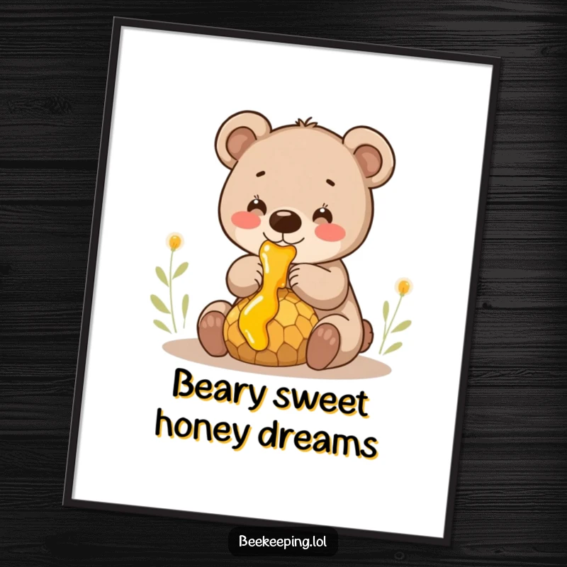 Funny Free Printable Bear Cub Wall Art: Smiling cub collects honey from comb, creating sweet and humorous downloadable decor.