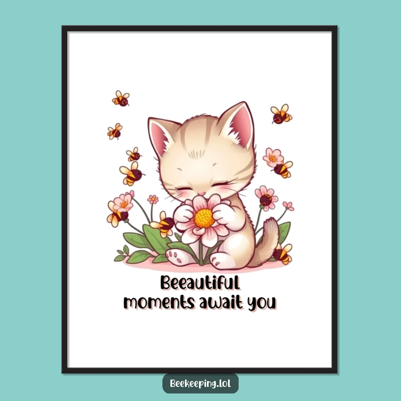 Free Printable Wall Art: Funny Kitten Petting Bees, Whimsical Downloadable Decor