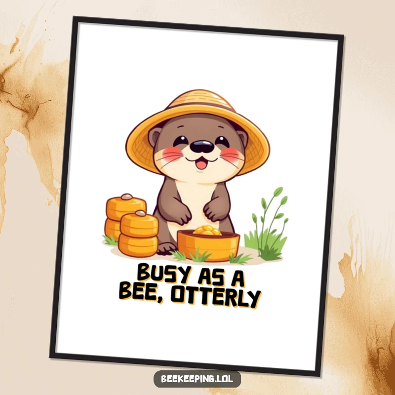 Funny Free Printable Wall Art: Giggling otter in straw hat tending beehives, a whimsical and humorous downloadable piece for any room.