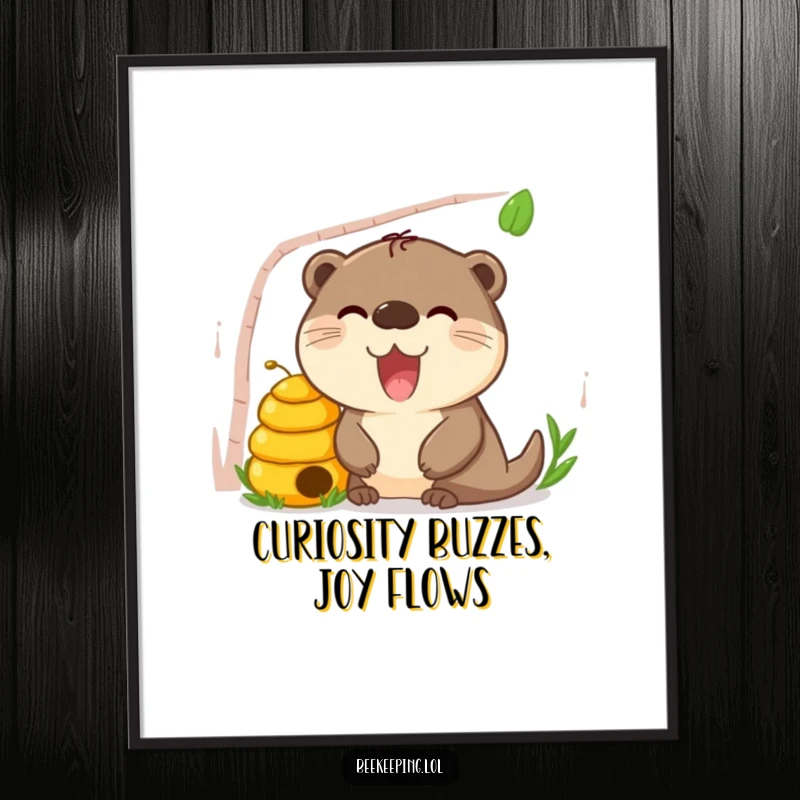 Funny free printable wall art depicting a happy otter peeking with curiosity into a busy beehive.