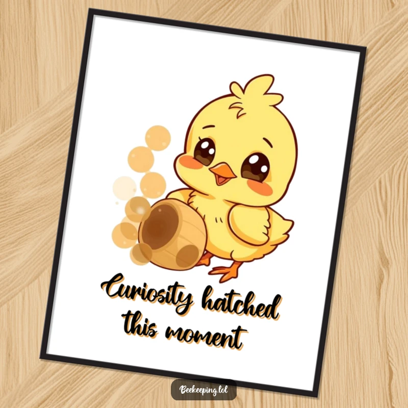 Funny Free Printable Chick Wall Art: A cheerful chick with wide eyes pecking at a golden honeycomb, bringing joy.