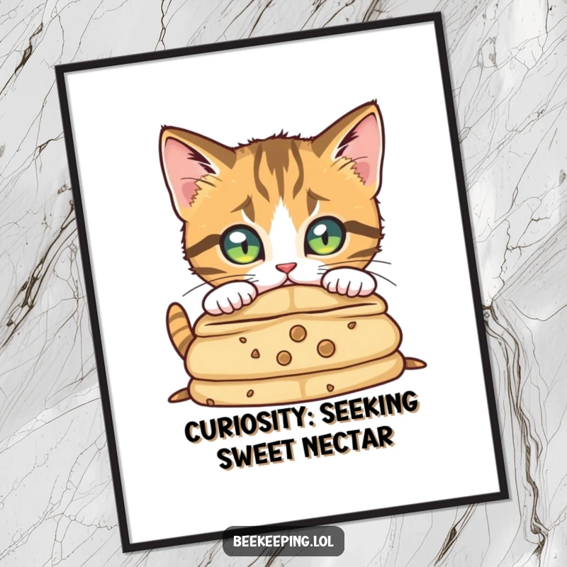 Funny Free Printable Wall Art: A curious cartoon cat peers intently into a beehive with focused eyes, full of wonder.