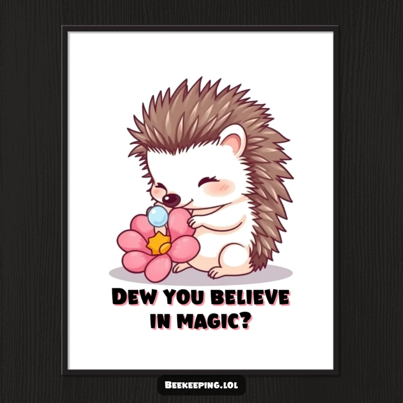 Free Printable Wall Art: A charming hedgehog delicately touches a dewdrop on a flower. Serene and beautiful downloadable art.