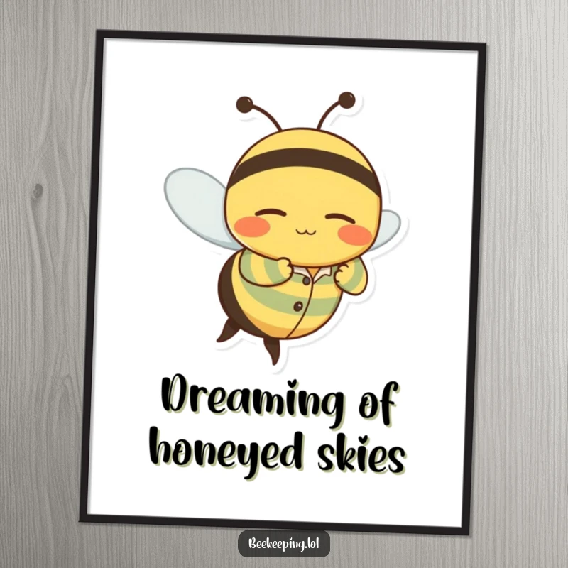 Funny Free Printable Sleepy Bee Wall Art: A wobbly bee in pajamas flying with a sweet, sleepy grin, ready for dreams.