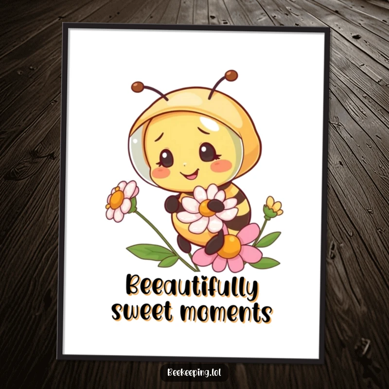Funny Free Printable Bee Wall Art: Happy bee in veil inspects a flower, creating cheerful and humorous downloadable decor.