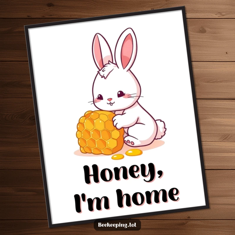 Funny Free Printable Wall Art: Adorable bunny curiously inspecting a honeycomb, bringing quirky charm and laughter to any room.