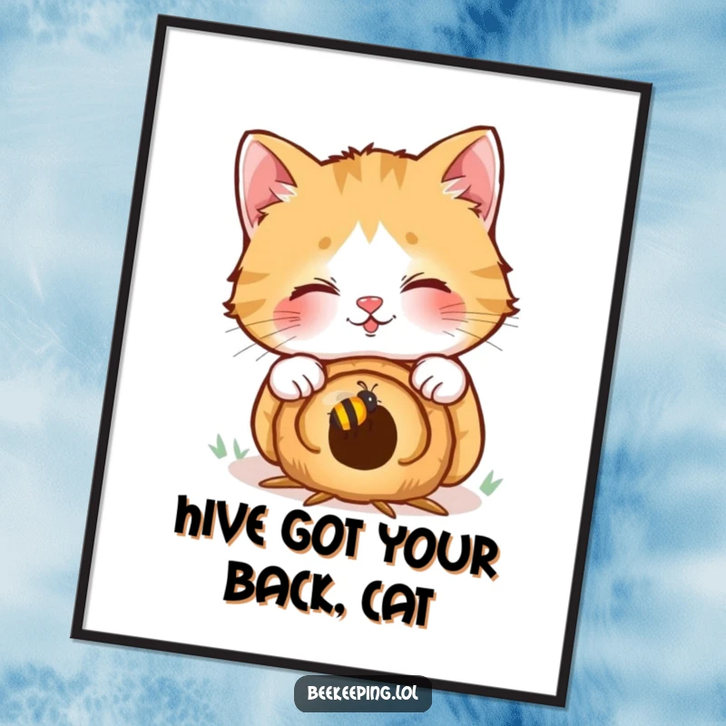 Funny Free Printable Wall Art: Giggling cat curiously peeks into a tiny beehive, adding whimsical humor to decor.