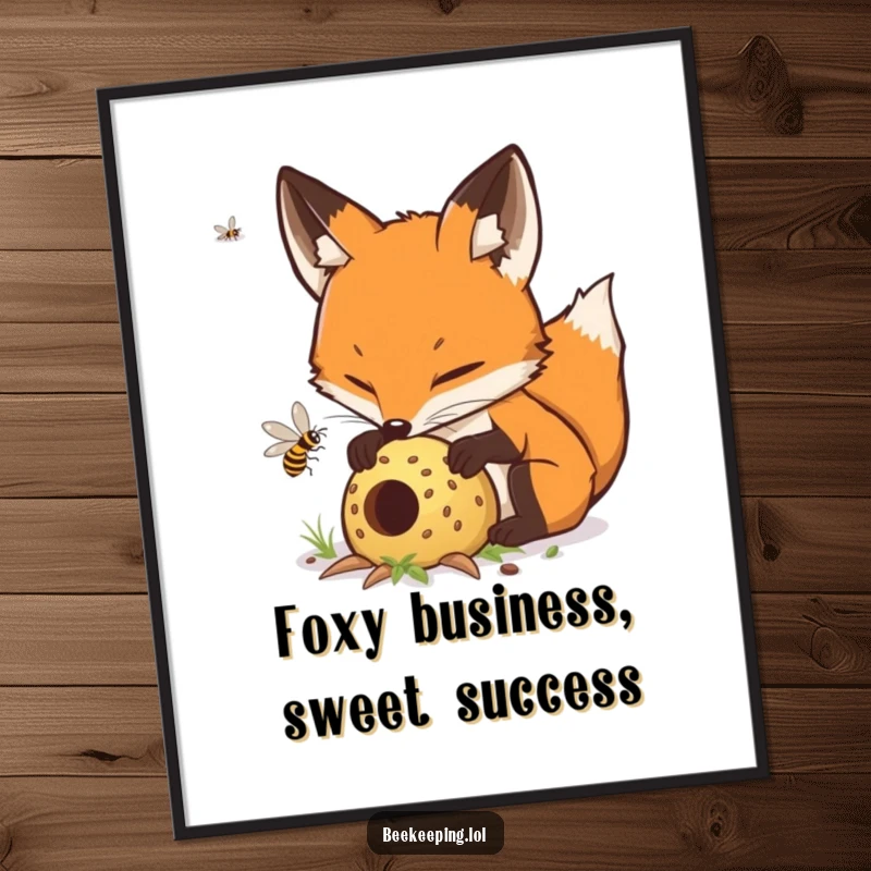 Funny Free Printable Fox Wall Art: Determined fox tending a hive, creating clever and humorous downloadable decor.